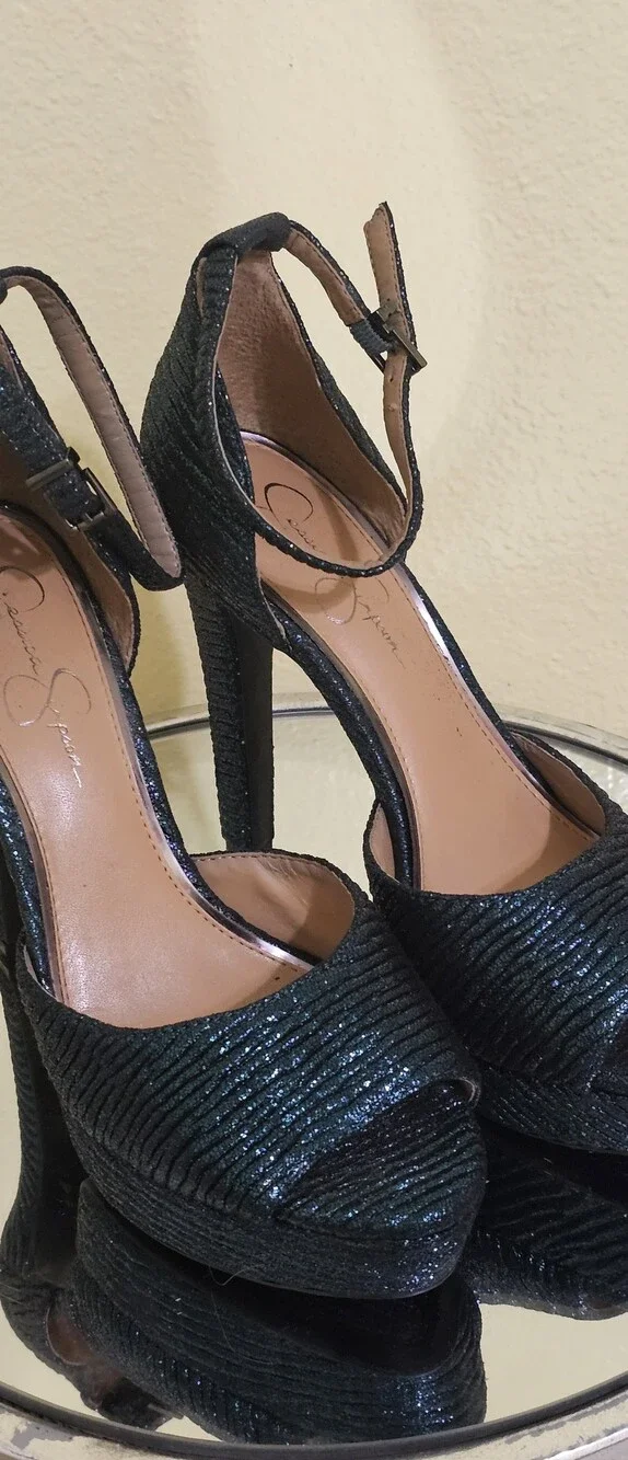 Jessica Simpson Iridescent Dark Green Open-Toe Ankle Strap Heels